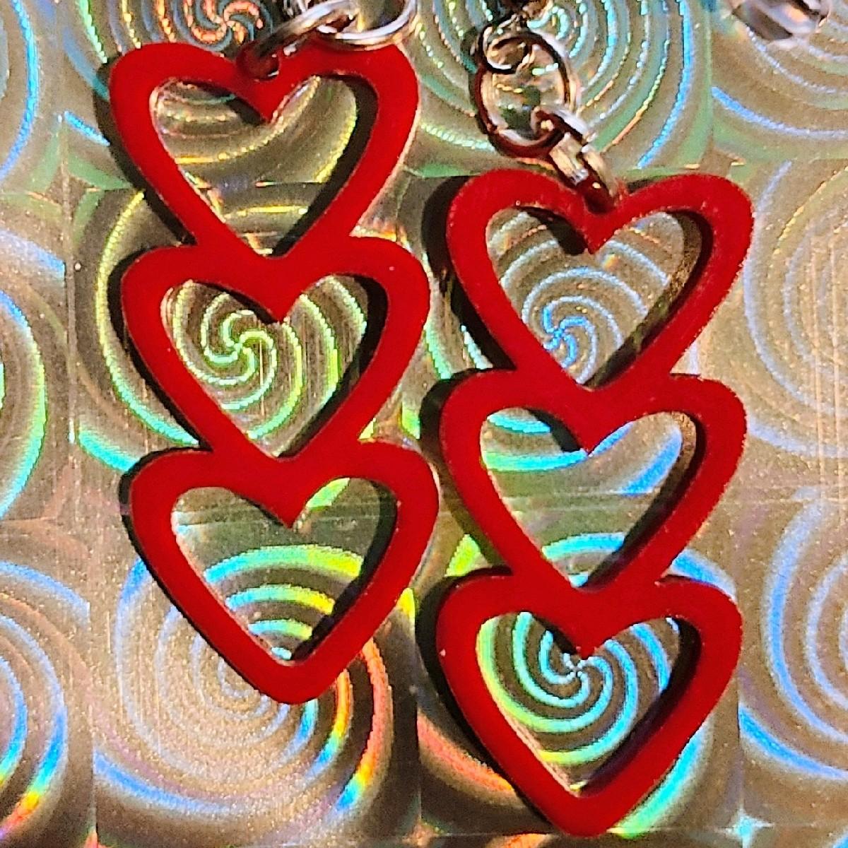 3-Heart Laser Cut Red Acrylic Dangle Hook Earrings Nickle Free