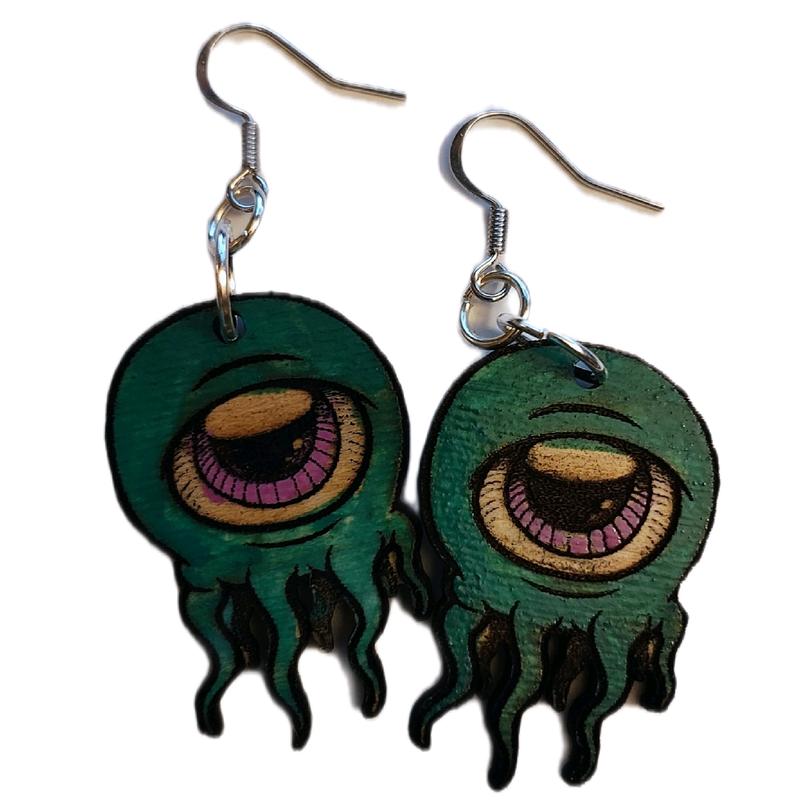 Alien Eye Tentacles Laser Cut Wood Hook Earrings Nickel Free