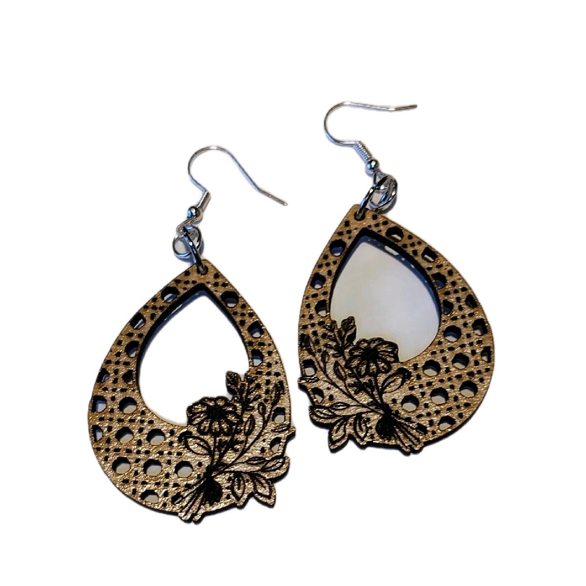 Boho Rattan Floral Bouquet Laser Cut Nickel Free Hook Earrings