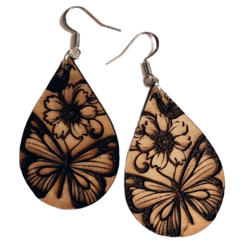 Butterfly Flower Laser Cut Retro Wood Hook Earrings Nickle Free