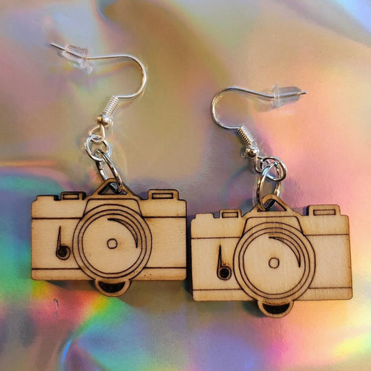 Photographer’s Camera Laser Cut Wood Hook Dangle Earrings