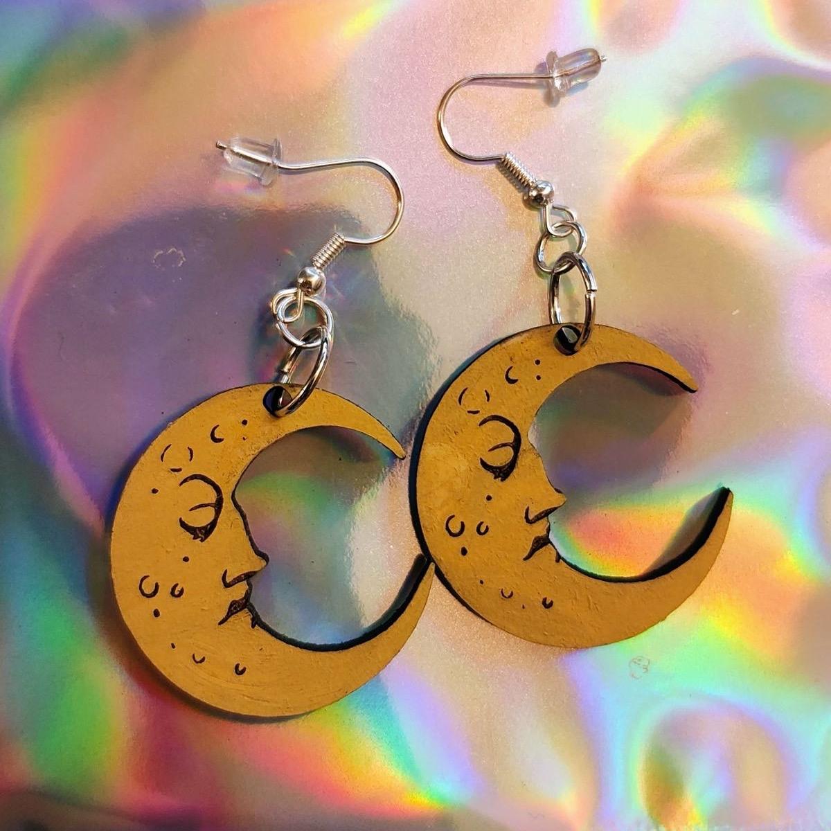 Crescent Moon Wood Hook Earrings