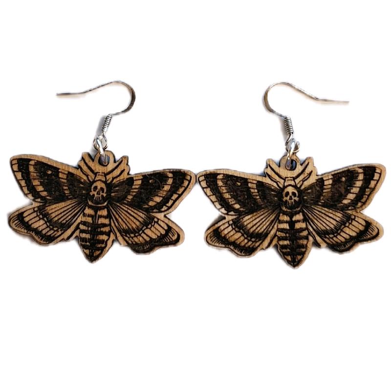 Deaths Head Moth Gothic Laser Cut Wood Hook Earrings Nickle Free