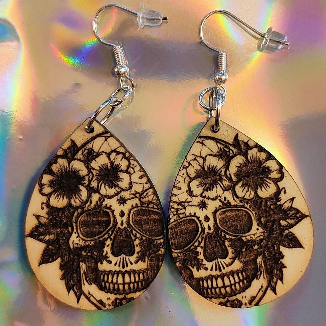 Floral Skull Engraved Wood Teardrop Earrings