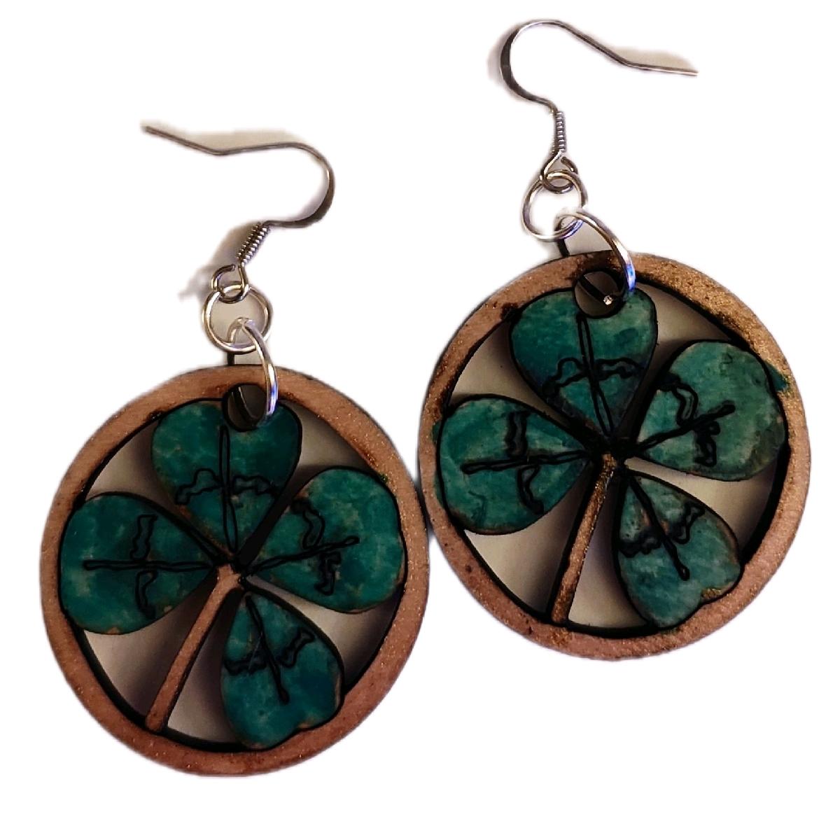 Four Leaf Clover Laser Cut Wood Hook Earrings St Patrick's Day