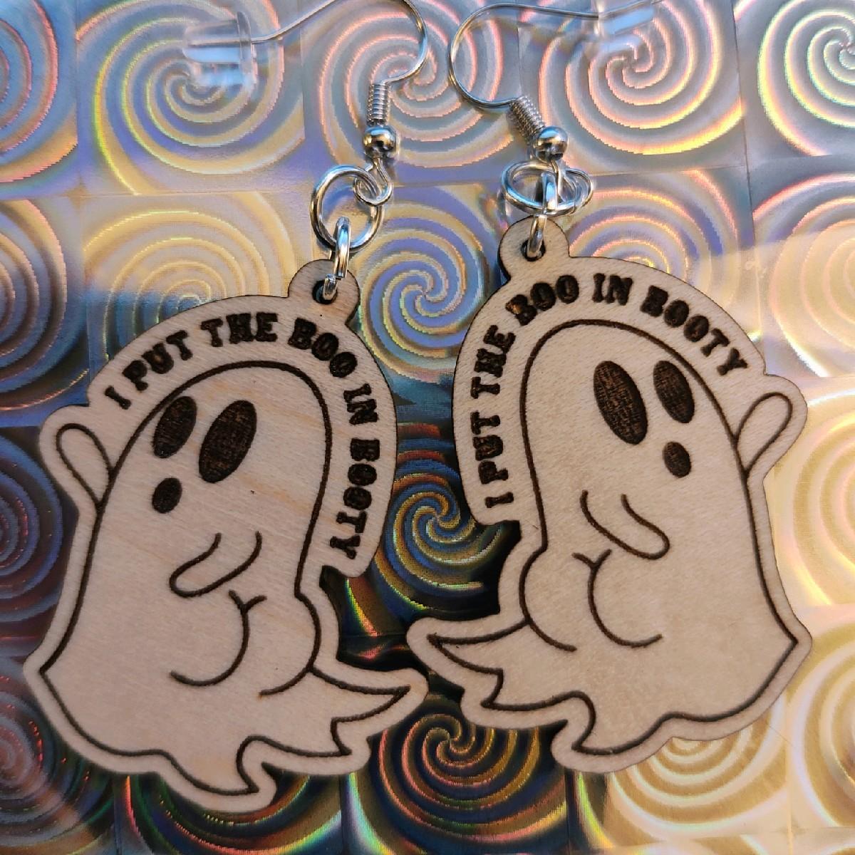 I Put The Boo in Booty Cute Ghost Wooden Earrings