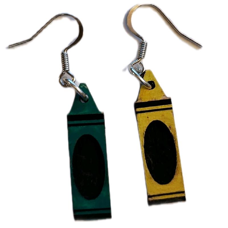 Yellow and Green Crayon Laser Cut Wood Hook Earrings Nickle Free