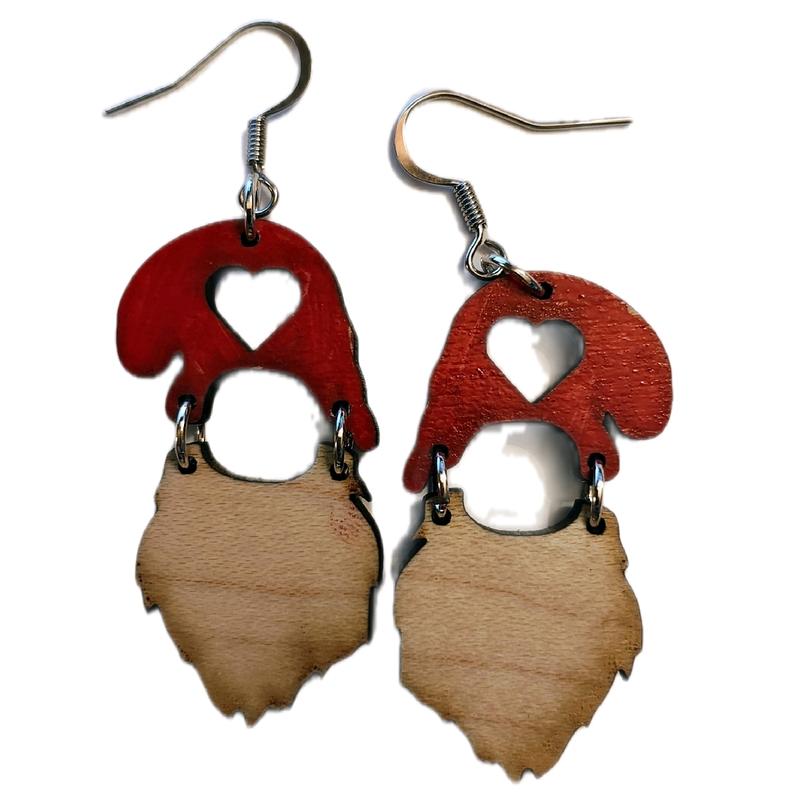 Heart Shaped St Patrick's Gnome Laser Cut Wood Hook Earrings Nickle Free