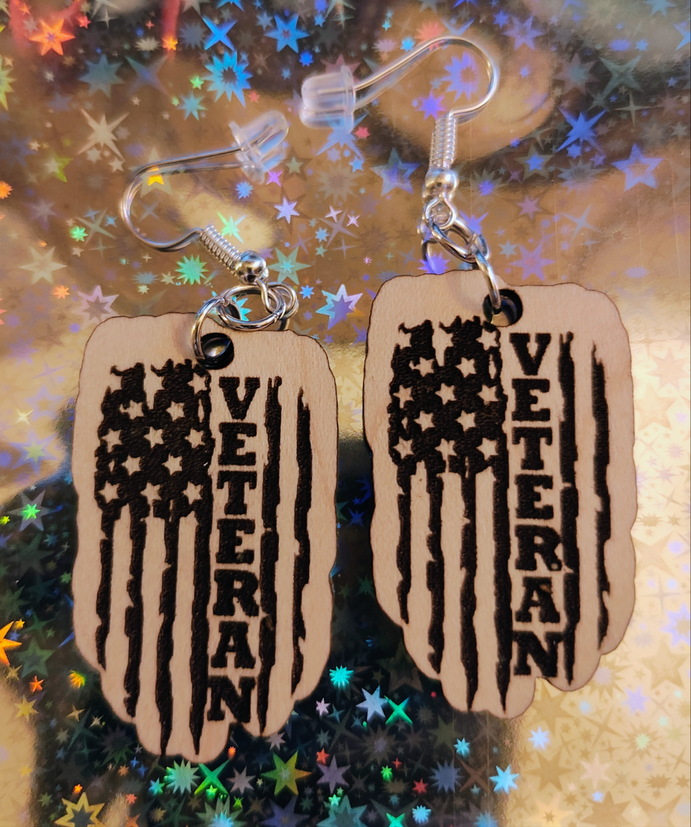 Laser Engraved Wood Veteran Flag Earring