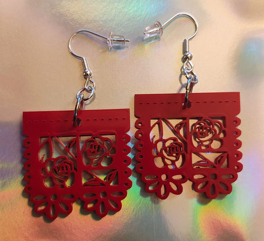 Mini Papel Picado Rose Flower Fiesta Banner on Red Acrylic Laser Cut Hook Earrings 1.27 inch by 1.27 inch