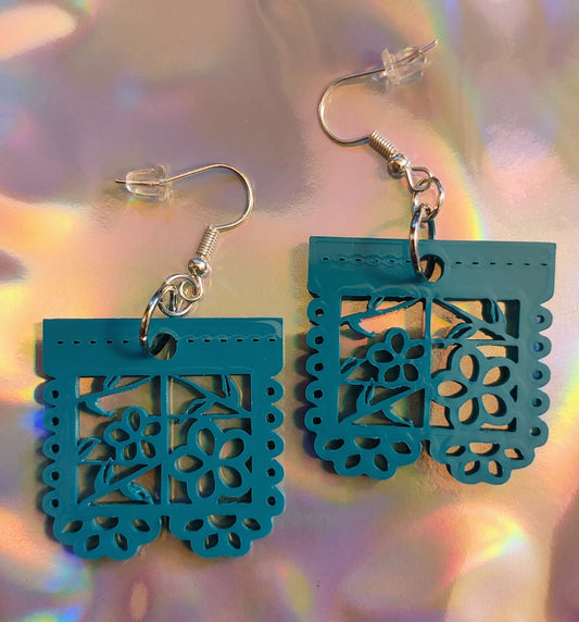 Mini Papel Picado Fiesta Flower on Teal Acrylic 1.27 inch by 1.27 inch Hook Earrings