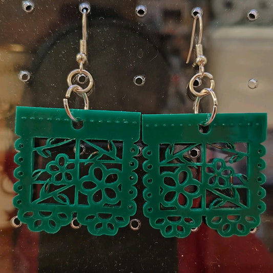 Mini Papel Picado Flower Fiesta Banner on Green Acrylic Laser Cut Hook Earrings 1.27 inch by 1.27 inch