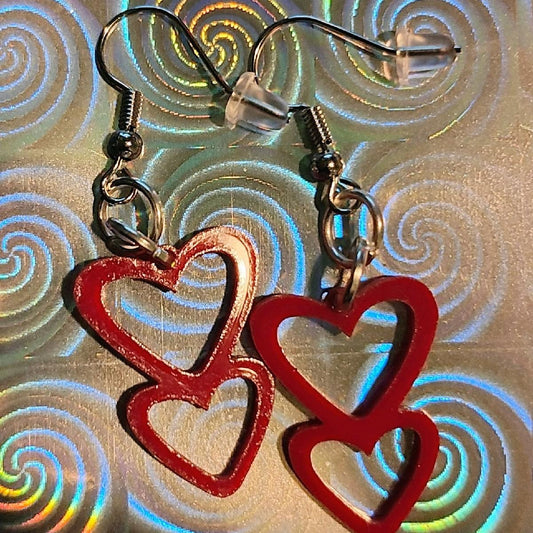 Red Acrylic Double Heart Laser Cut Hook Earrings