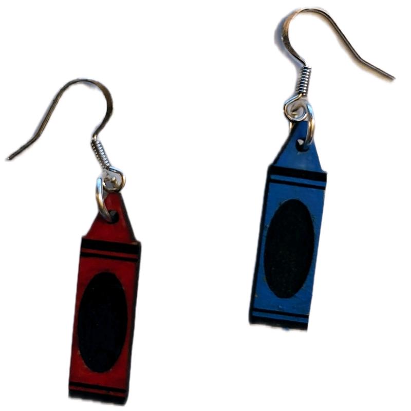 Blue and Red Crayon Laser Cut Wood Hook Earrings Nickle Free