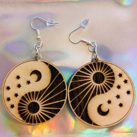 Wood Moon Ying Yang Laser Engraved Hook Earrings Nickel Free